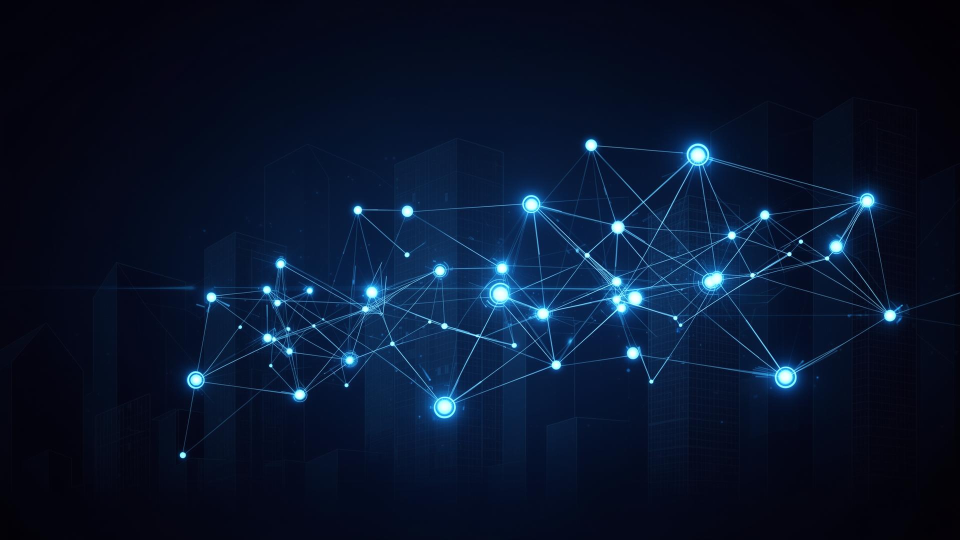 Abstract dark blue cityscape representing the Commercial Real Estate market analyzed by Elysium's AI knowledge engine